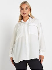 Yours Curve White Long Sleeve Hammered Utility Shirt - Image 1 of 5