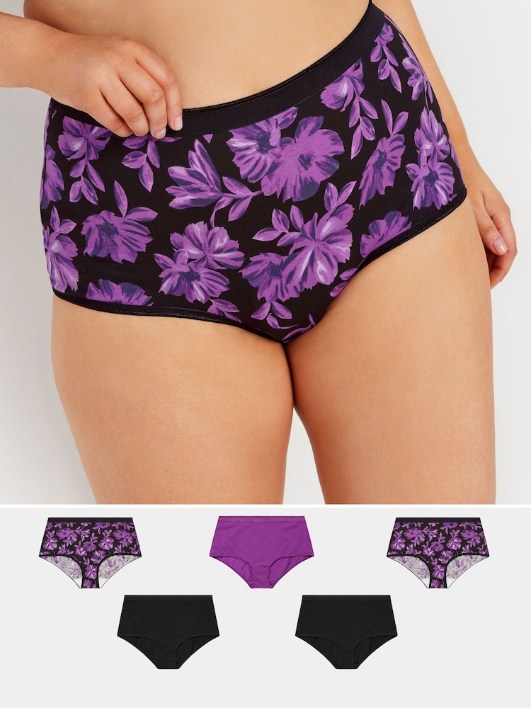 Yours Curve Purple Stretch Floral Print Full Briefs 5 Packs - Image 1 of 8 Yours Curve Purple Stretch Floral Print Full Briefs 5 Packs - Image 1 of 8