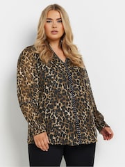 Yours Curve Brown Studded Tape Leopard Print Chiffon Blouse - Image 1 of 5