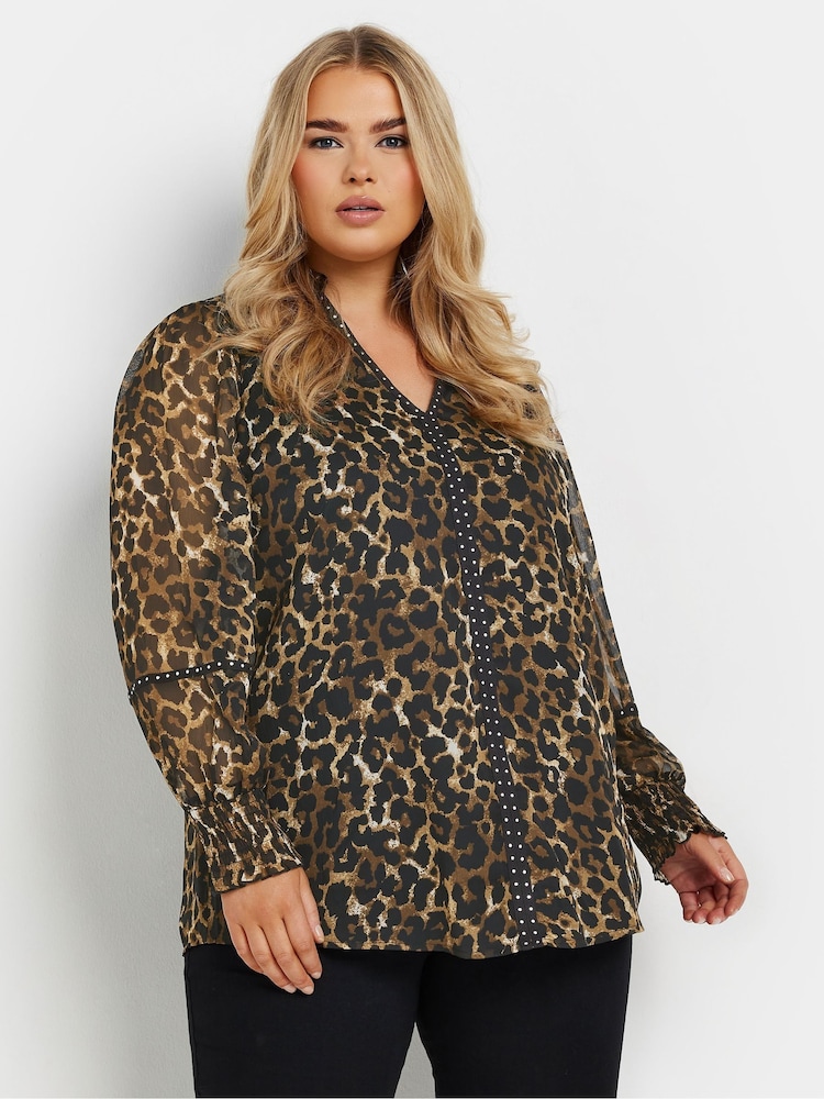 Yours Curve Brown Studded Tape Leopard Print Chiffon Blouse - Image 1 of 5