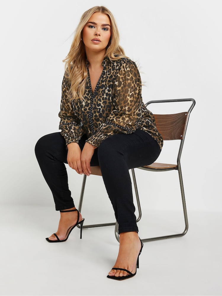 Yours Curve Brown Studded Tape Leopard Print Chiffon Blouse - Image 2 of 5