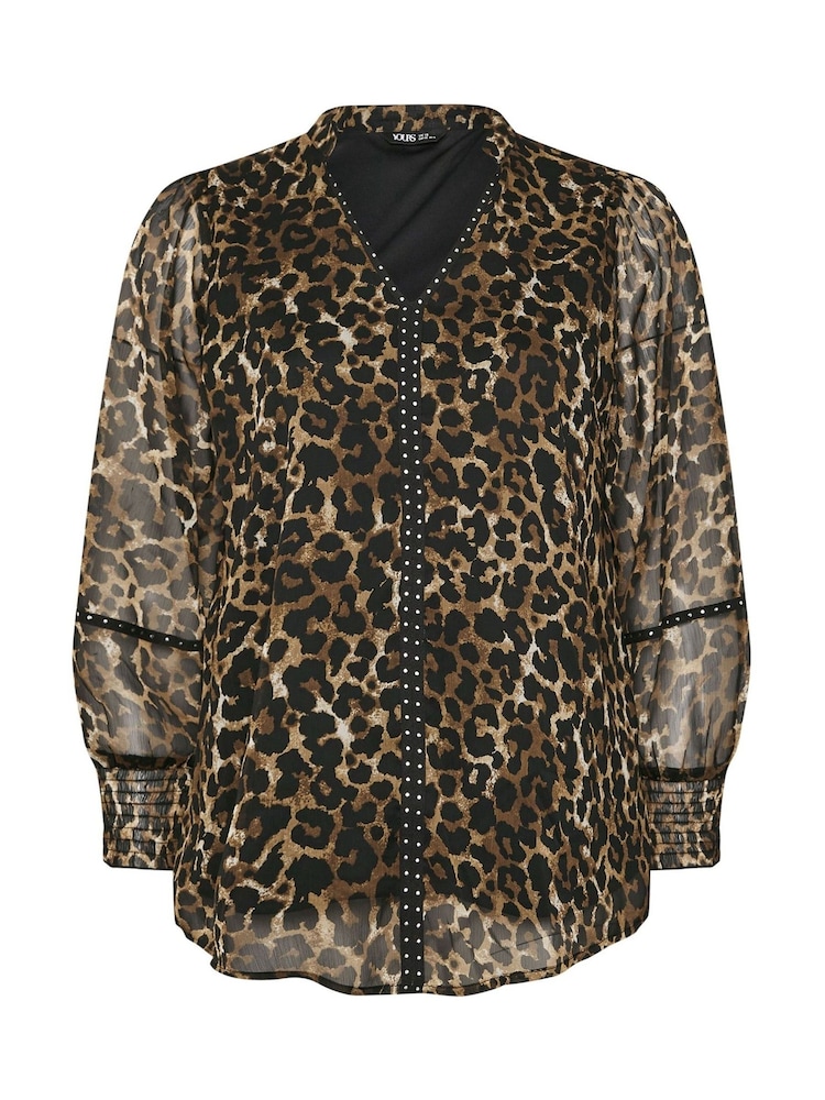 Yours Curve Brown Studded Tape Leopard Print Chiffon Blouse - Image 5 of 5