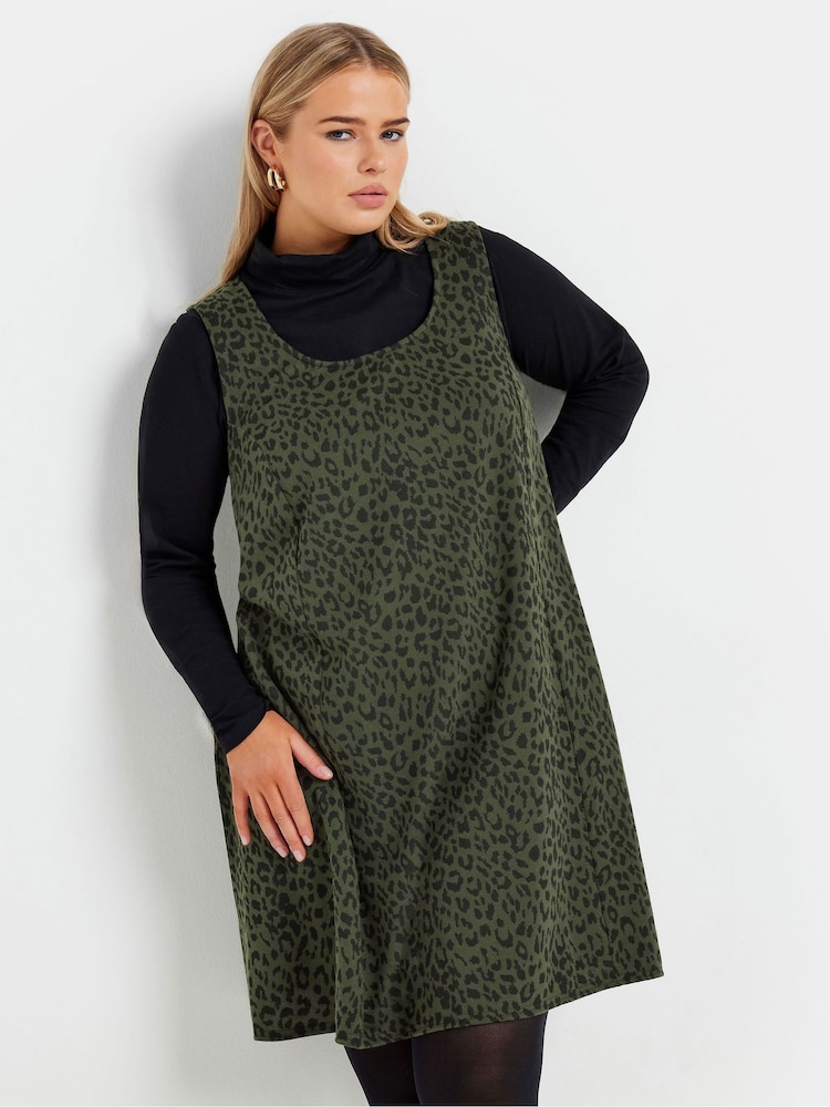 Yours Curve Green Pinafore Jaquard Animal Print A-Line Dress - Image 1 of 5