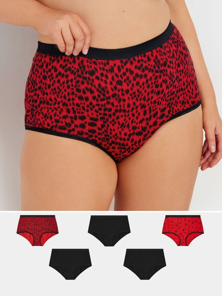 Yours Curve Red Stretch Animal Print Stars Full Briefs 5 Pack - Image 1 of 8