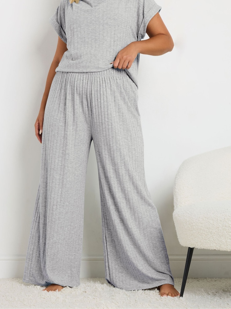 Yours Curve Grey Limited Ribbed Wide Leg Trousers - Image 1 of 4 Yours Curve Grey Limited Ribbed Wide Leg Trousers - Image 1 of 4