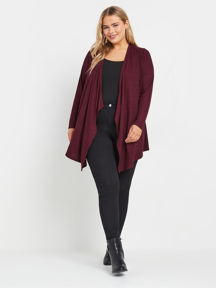 Yours Curve Red Ribbed Waterfall Soft Feel Cardigan - Image 2 of 5 Yours Curve Red Ribbed Waterfall Soft Feel Cardigan - Image 2 of 5