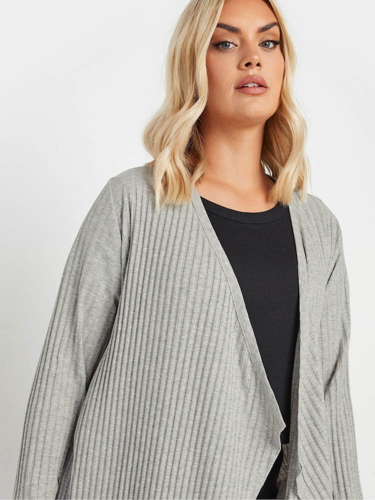 Yours Curve Grey Ribbed Waterfall Soft Feel Cardigan - Image 3 of 5