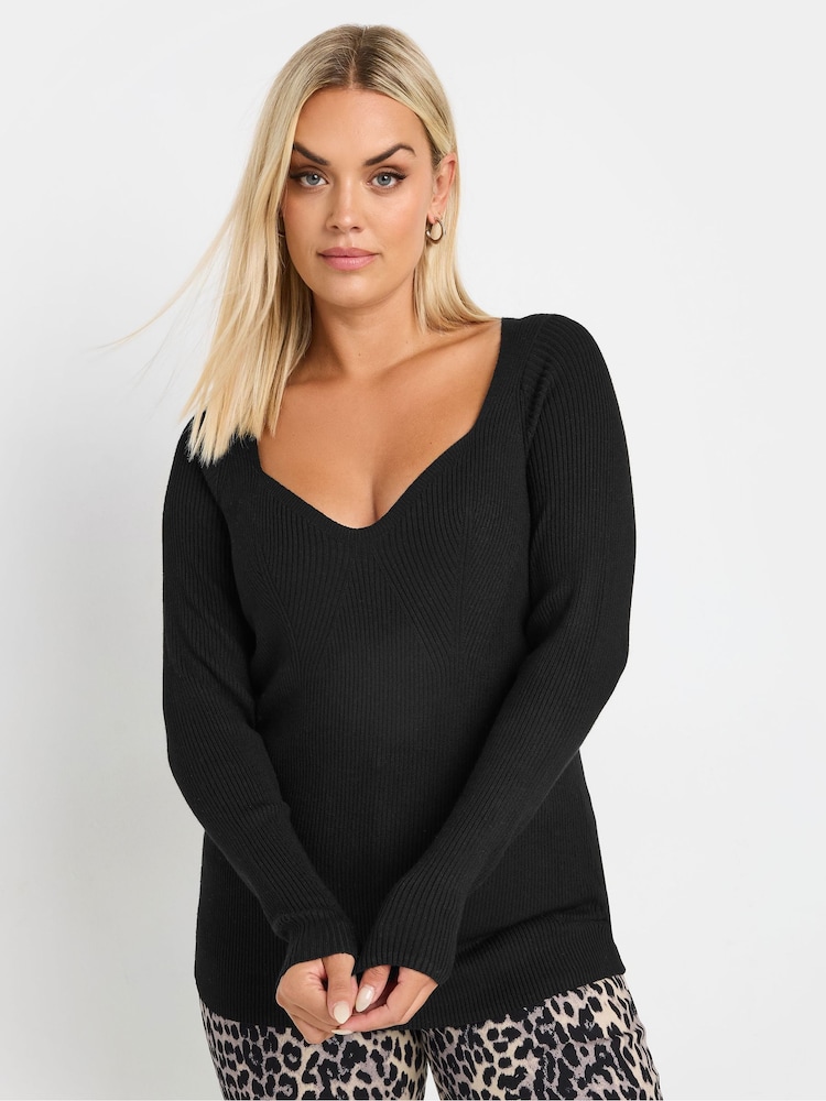Yours Curve Black Contrast Ribbed Knitted Top - Image 1 of 5