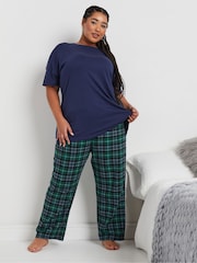 Yours Curve Green Jersey Woven Short Sleeve Check 100% Cotton Pyjamas Set - Image 1 of 4