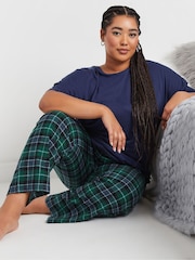 Yours Curve Green Jersey Woven Short Sleeve Check 100% Cotton Pyjamas Set - Image 3 of 4
