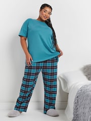 Yours Curve Jersey Woven Short Sleeve Check 100% Cotton Pyjamas Set - صورة 1 من 5