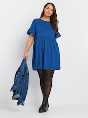 Yours Curve Blue Frill Sleeve Smock Tunic Dress - Image 2 of 5