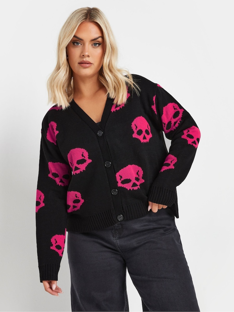 Yours Curve Black Limited Pink Skulls Cardigan - Image 1 of 5