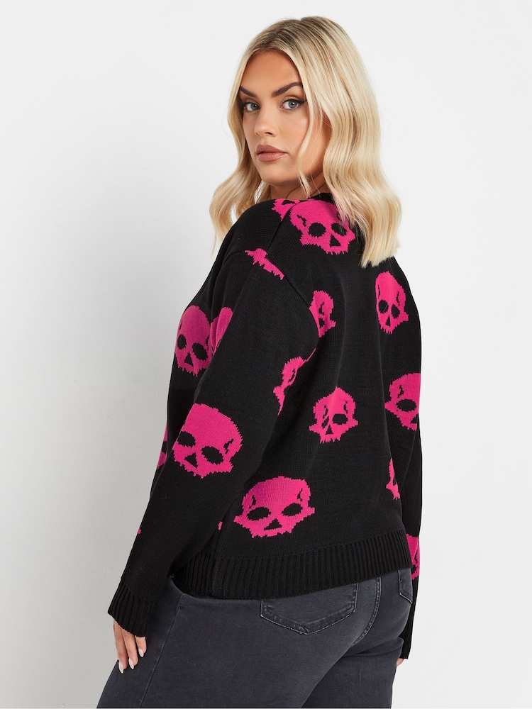 Yours Curve Black Limited Pink Skulls Cardigan - Image 3 of 5