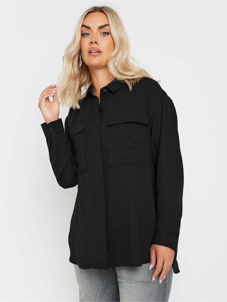 Yours Curve Black Long Sleeve Hammered Utility Shirt - Image 1 of 4