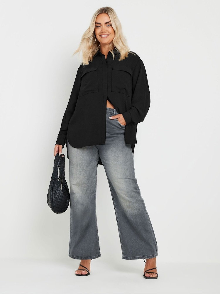 Yours Curve Black Long Sleeve Hammered Utility Shirt - Image 2 of 4
