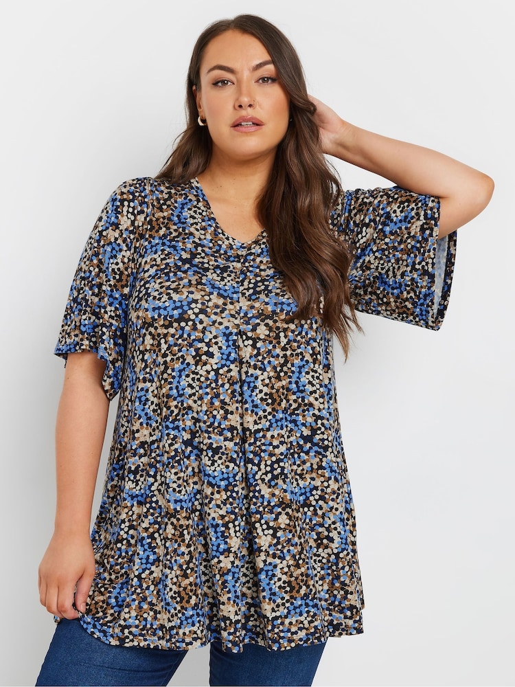 Yours Curve Blue Pleated Front Swing Top - Image 1 of 5