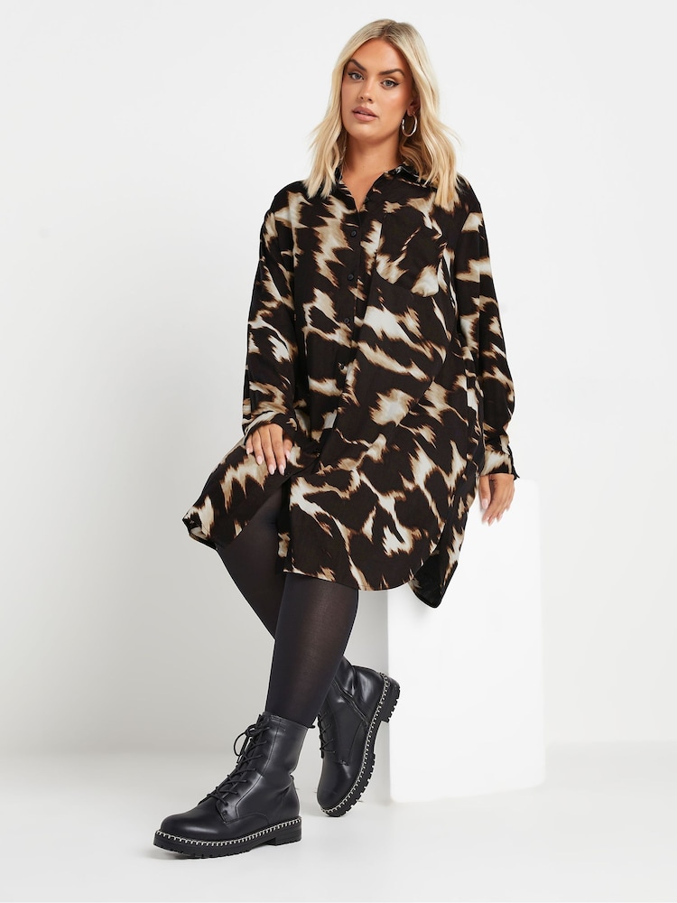 Yours Curve Black/Brown Abstract Print Longline Shirt - Image 1 of 6