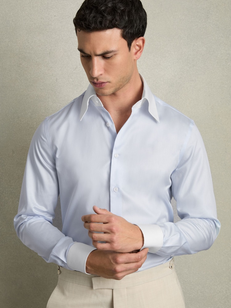 Reiss Contrast S Blue Caldwell Regular-Fit Cotton Pin-Collar Shirt - Image 1 of 8