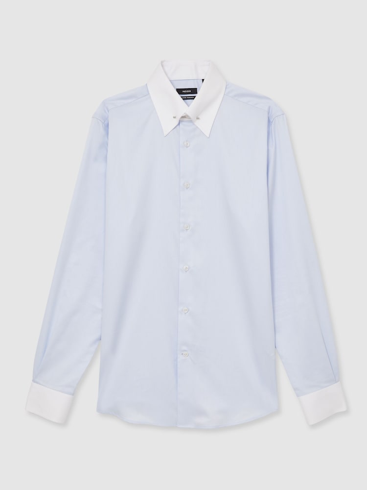 Reiss Contrast S Blue Caldwell Regular-Fit Cotton Pin-Collar Shirt - Image 2 of 8