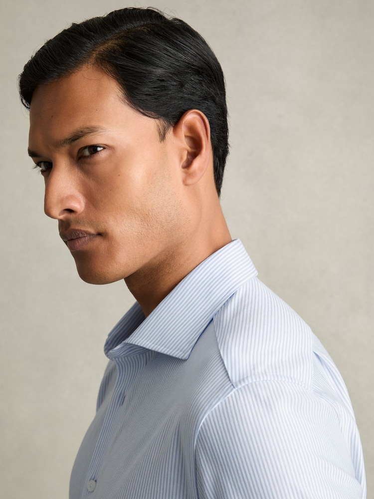 Reiss Blue Stripe Valdo Cotton-Blend Cutaway-Collar Striped Shirt - Image 4 of 6