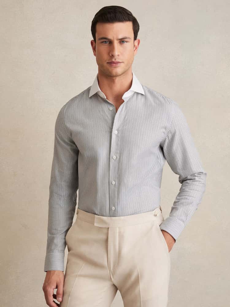 Reiss Contrast Stripe Grey Ascot Cotton-Lyocell Stripe Shirt - Image 1 of 7 Reiss Contrast Stripe Grey Ascot Cotton-Lyocell Stripe Shirt - Image 1 of 7
