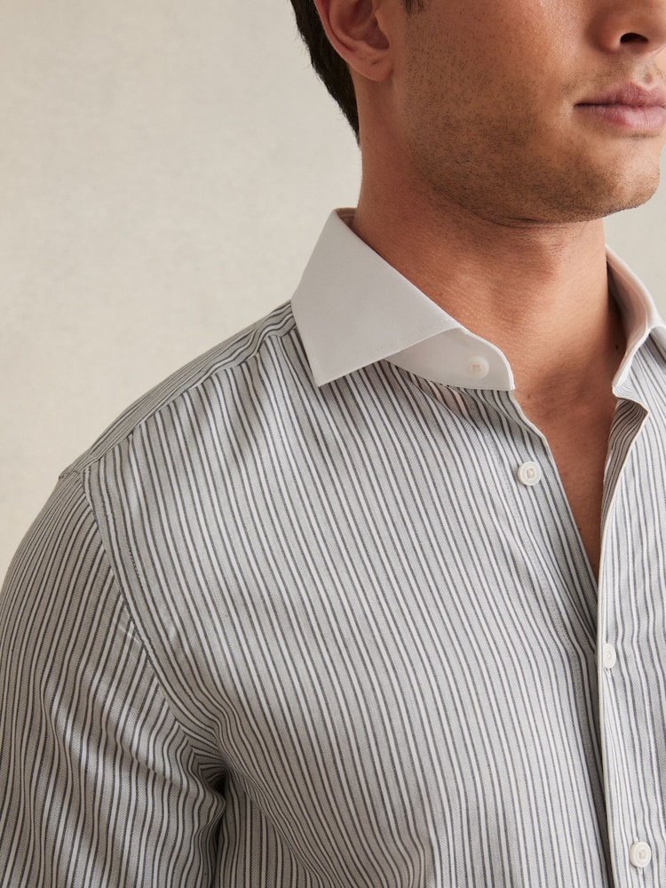 Reiss Contrast Stripe Grey Ascot Cotton-Lyocell Stripe Shirt - Image 5 of 7