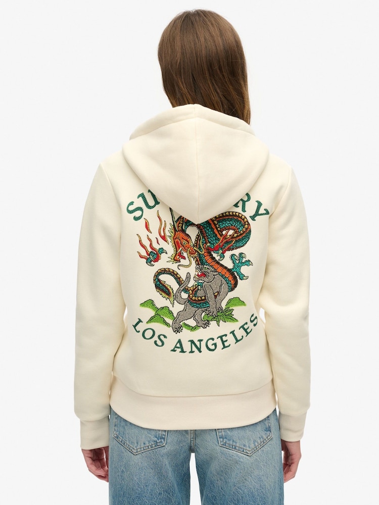 Superdry Cream Tattoo Rhinestone Zip Hoodie - Image 2 of 6