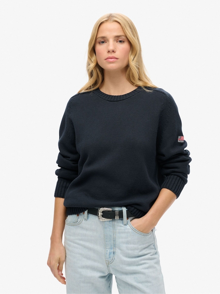 Superdry Blue Slouchy Knitted Crew Sweatshirt - Image 1 of 3