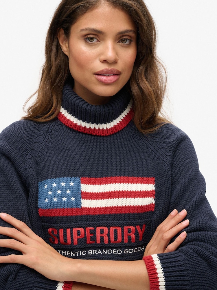 Superdry Blue Americana Roll Neck Knit Jumper - Image 4 of 4