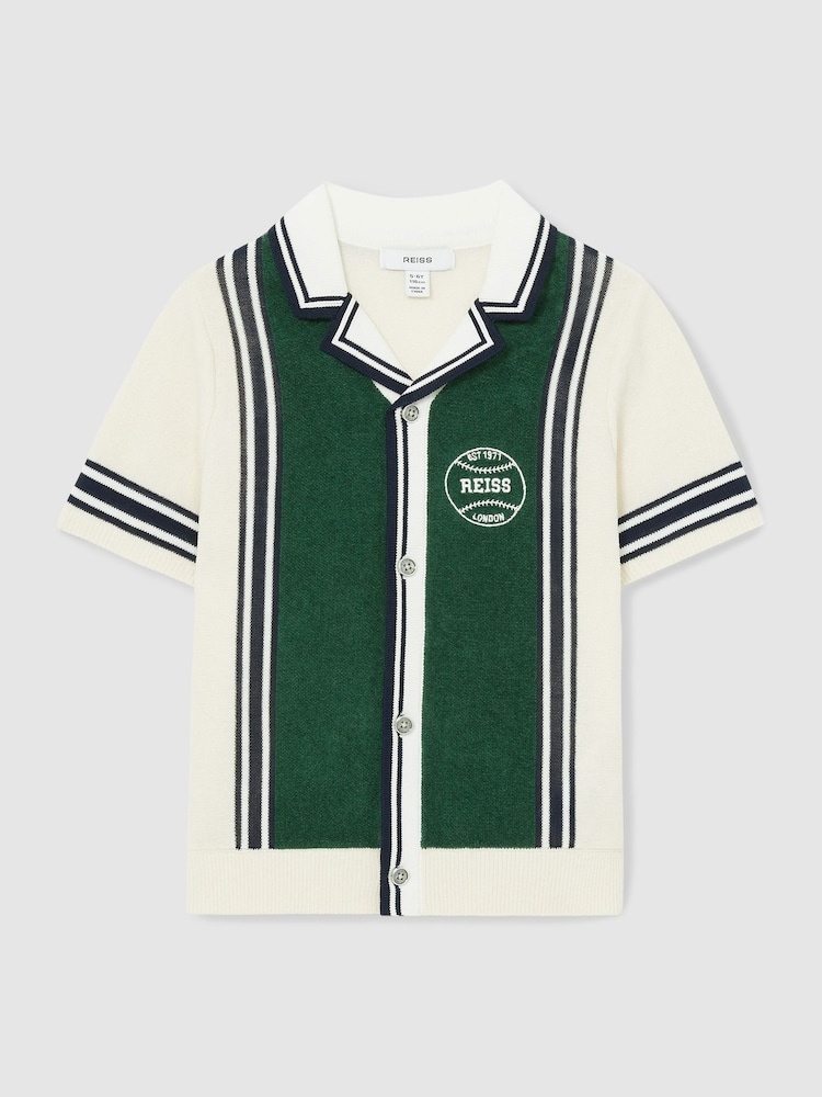 Reiss Green/Off White Appling 3-9 yrs Cotton Colour-Block Varsity Shirt - Image 2 of 4
