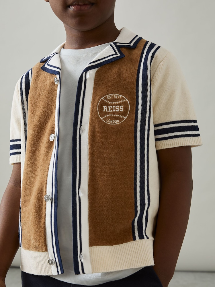 Reiss Tobacco Brown/ Off White Appling 9-13 yrs Cotton Colour-Block Varsity Shirt - Image 1 of 4