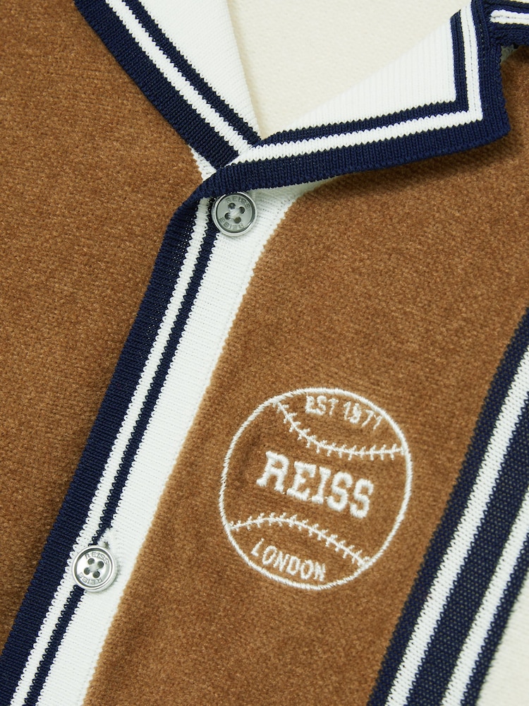 Reiss Tobacco Brown/ Off White Appling 9-13 yrs Cotton Colour-Block Varsity Shirt - Image 4 of 4