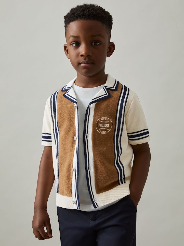 Reiss Tobacco Brown/ Off White Appling 3-9 yrs Cotton Colour-Block Varsity Shirt - Image 1 of 4