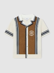 Reiss Tobacco Brown/ Off White Appling 3-9 yrs Cotton Colour-Block Varsity Shirt - Image 2 of 4