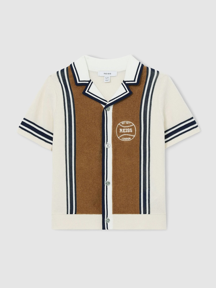 Reiss Tobacco Brown/ Off White Appling 3-9 yrs Cotton Colour-Block Varsity Shirt - Image 2 of 4