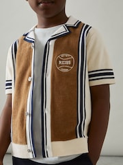 Reiss Tobacco Brown/ Off White Appling 3-9 yrs Cotton Colour-Block Varsity Shirt - Image 3 of 4