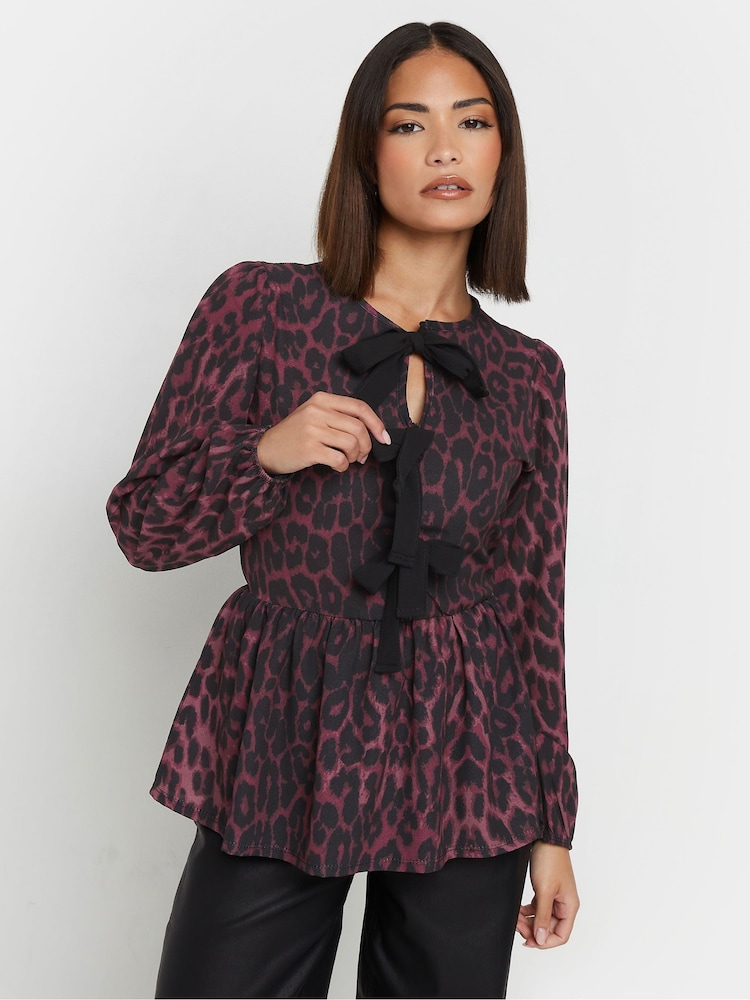 PixieGirl Petite Red Long Sleeve Leopard Print Bow Top - Image 1 of 5