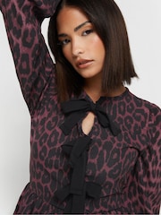 PixieGirl Petite Red Long Sleeve Leopard Print Bow Top - Image 2 of 5