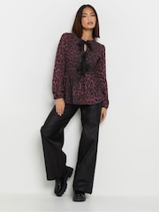 PixieGirl Petite Red Long Sleeve Leopard Print Bow Top - Image 3 of 5
