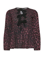 PixieGirl Petite Red Long Sleeve Leopard Print Bow Top - Image 5 of 5