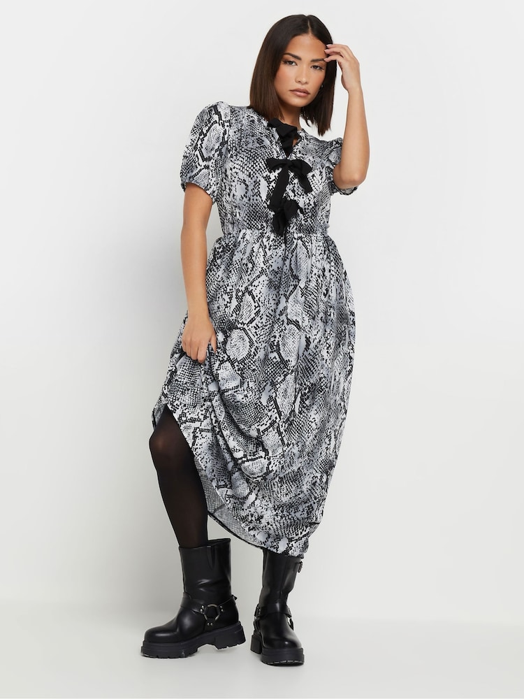 PixieGirl Petite Grey Snake Print Bow Dress - Image 1 of 6