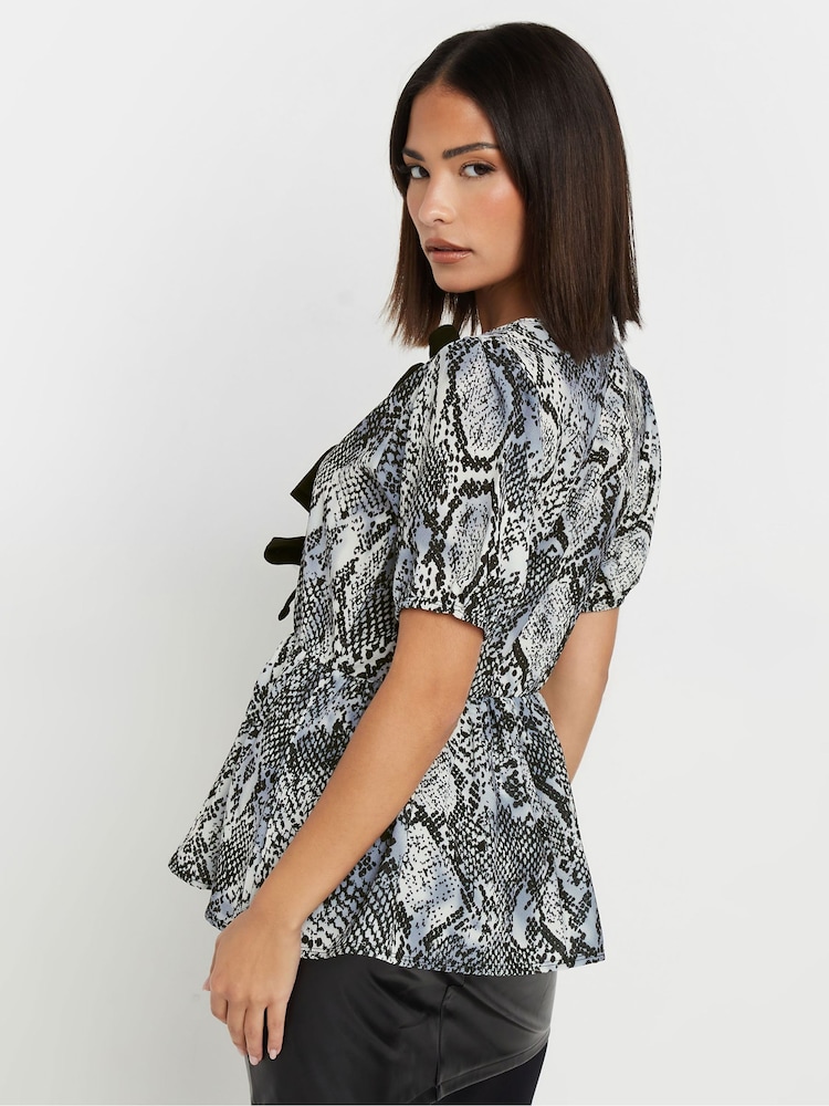 PixieGirl Petite Grey Snake Print Bow Top - Image 2 of 5