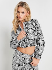 PixieGirl Petite Grey Snake Print Denim Bomber Jacket - Image 1 of 6