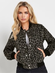 PixieGirl Petite Black Brushed Leopard Print Bomber Jacket - Image 1 of 6