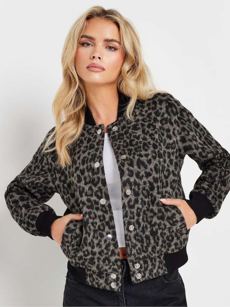 PixieGirl Petite Black Brushed Leopard Print Bomber Jacket - Image 2 of 6