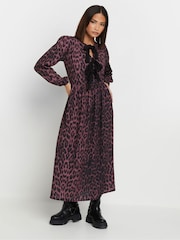 PixieGirl Petite Red Long Sleeve Leopard Print Bow Dress - Image 1 of 5