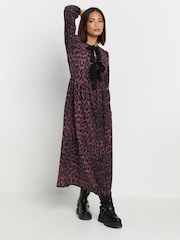PixieGirl Petite Red Long Sleeve Leopard Print Bow Dress - Image 2 of 5