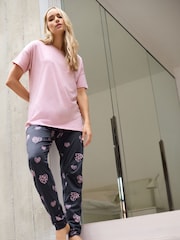 Long Tall Sally Pink Animal Print Hearts Short Sleeve Cuffed 100% Cotton Pyjamas Set - Image 5 of 6