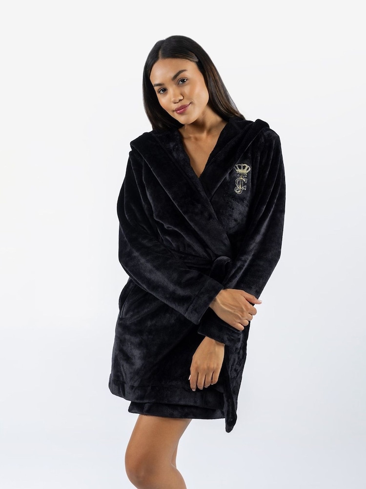Juicy Couture Black Crown Plush Hooded Robe - Image 1 of 4 Juicy Couture Black Crown Plush Hooded Robe - Image 1 of 4